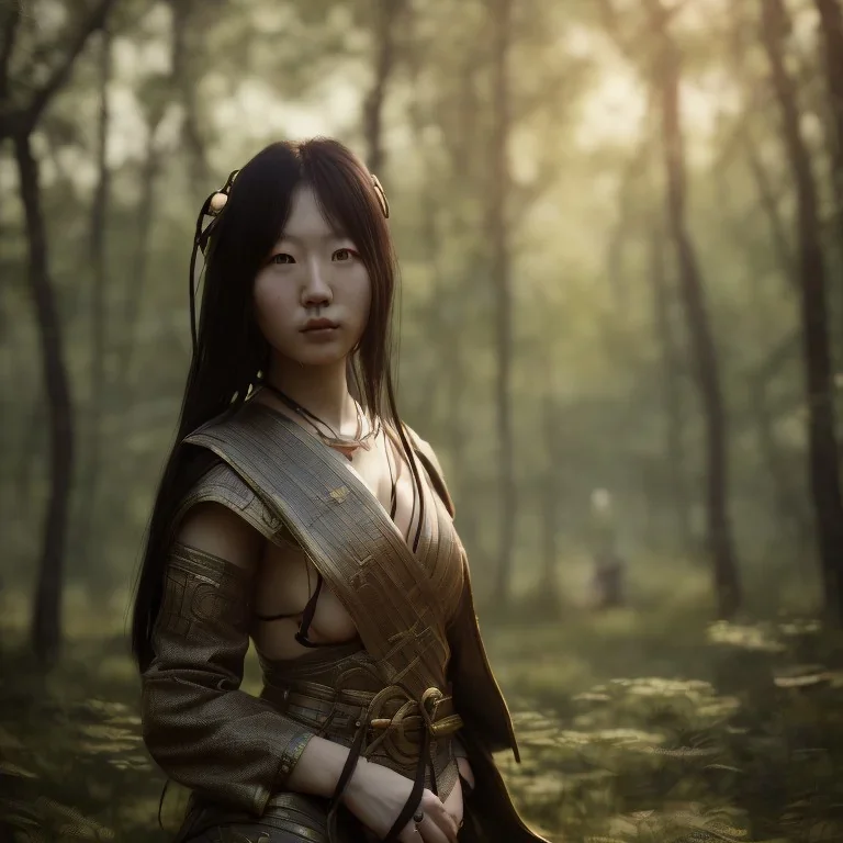 only wonderfull japanese woman, big chest, in sun, portrait, viking costume, village, meditation, woods, cyberpunk, 8k quality