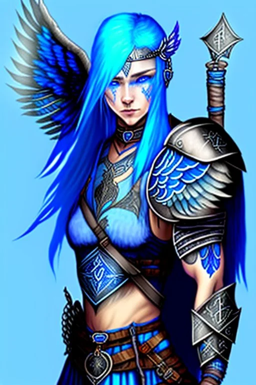 a person in runic armor with blue wings, blue short hair, runic tattoo and spell book