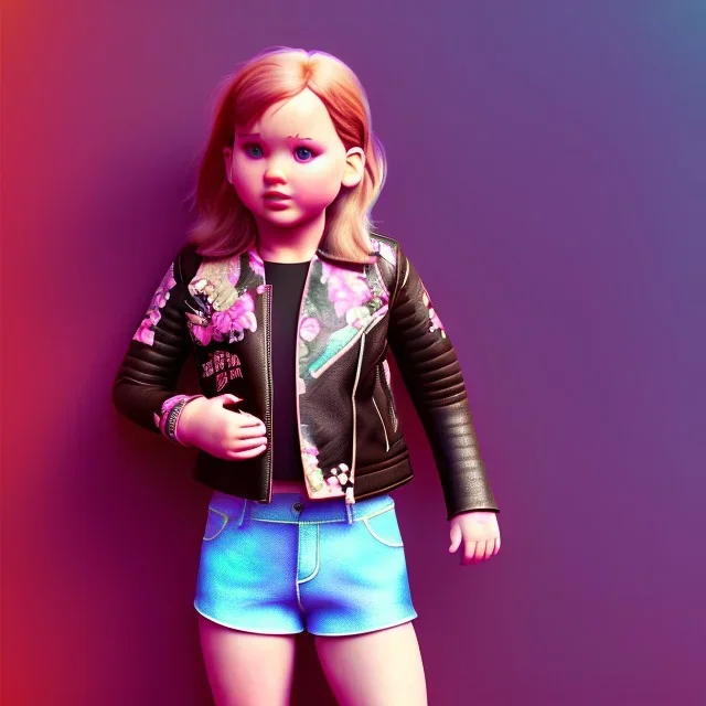 Jennifer lawrence toddler, full body, leather jacket, floral shirt, floral skirt, Nike sneaker, soft skin, city background, dramatic lighting, hyper realistic