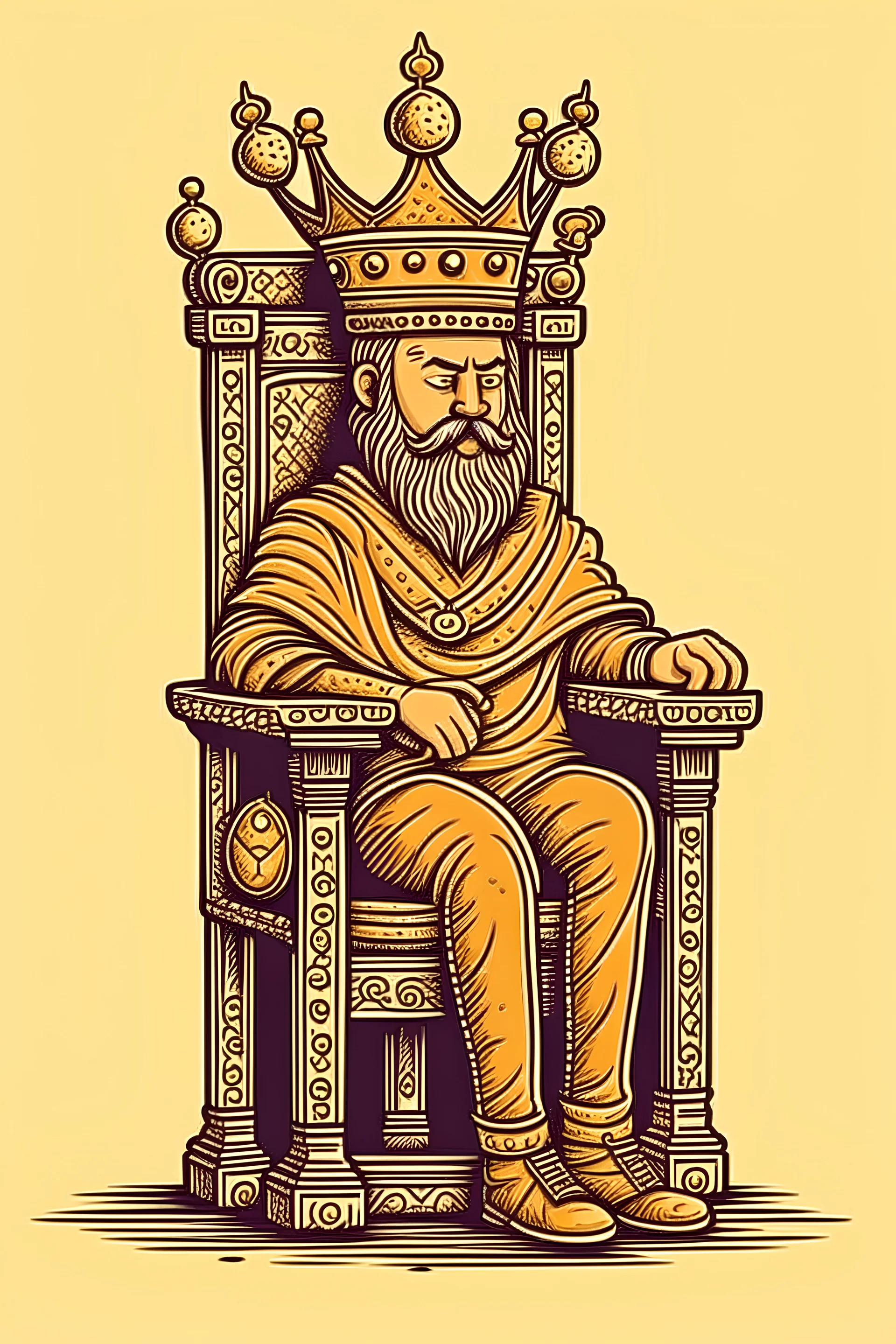 A king sitting on a chair with a crown on his head