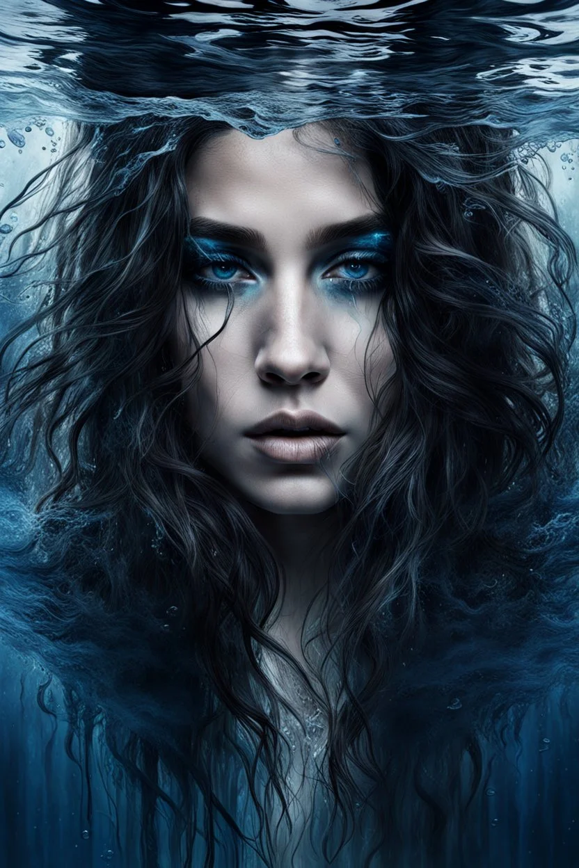 matte painting of a woman's face under of the water, close-up, sad, peaceful, beautiful, long messy hair, minimal colors, black, white, blue and silver, paint strokes, insanely detailed, detailed matte painting, deep colors, intricate detail, complementary colors, mystic, fog, shadows, dark mood, surreal style