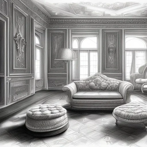 A living room with armchair and fancy stools. pencil sketch