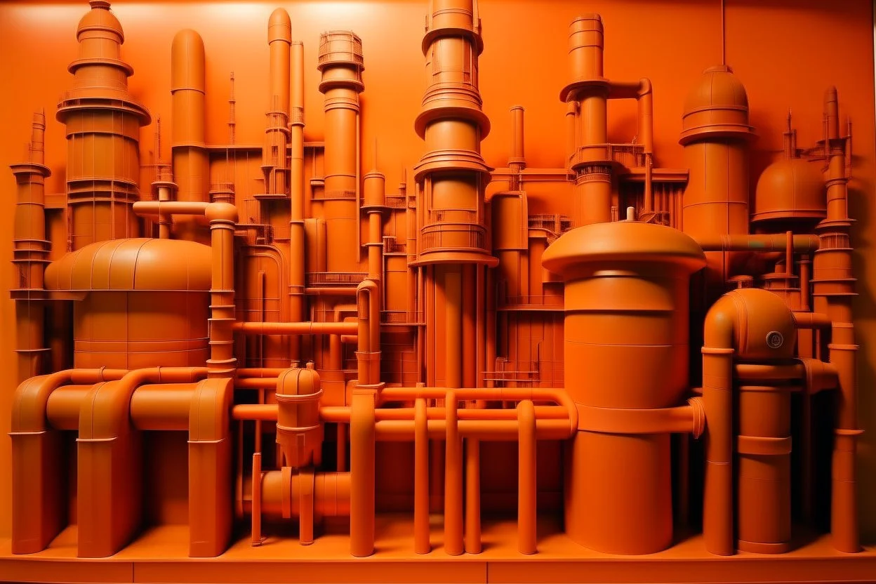 An orange colored mechanical factory with arrows designed in ancient Egyptian architectures and sculptures painted by Mark Rothko