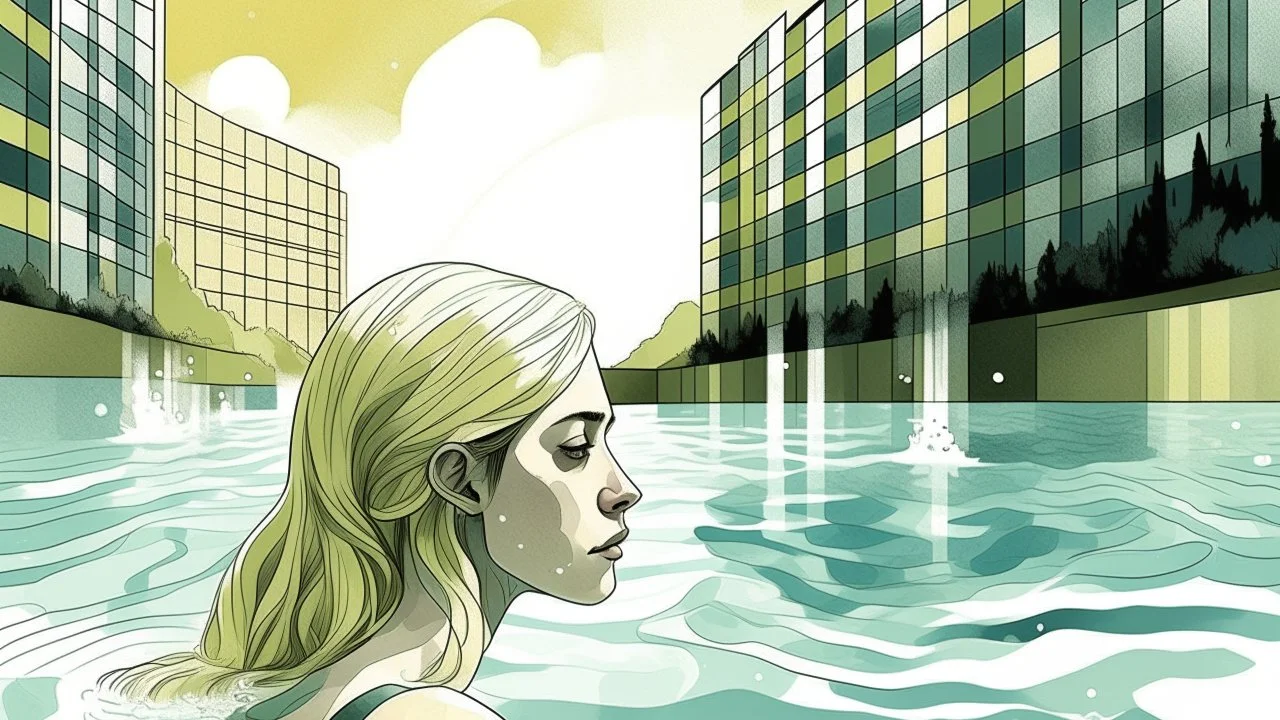 Illustration of a woman swimming in a pool next to a modern building, with a sketch-like style, reminiscent of ink and watercolor techniques. The woman, possibly Caucasian with fair skin and blonde hair, appears to be around 30 years old. She is seen from the back, partially submerged in the water, which reflects the sunlight and the building's structure. The building is a modern design with a combination of dark and light-colored walls, featuring rectangular shapes and windows. The surrounding