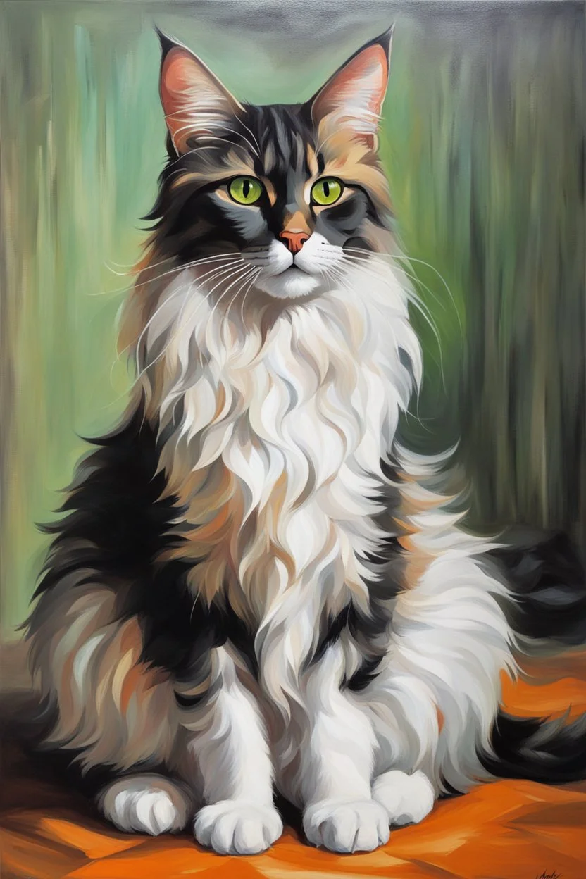 Oil on canvas of a beautiful cat with long, wavy, thick hair, pointed ears, bright green eyes, orange, black and white colors, ultra quality, (((full body))), sitting on the floor