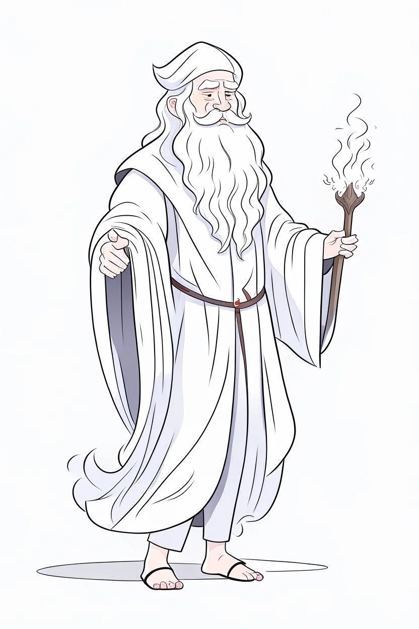 Disney style, white hair, white skin, white beard, coloring book, minimalism, simple lines, white background, STICKER, WHOLE BODY, A CUTE man with staff in his hand, long white beard, flowing hair, and long tunic, sandals, open arms, A detailed illustration, in the style of Studio Ghibli, 3D vector art, cute and quirky, fantasy art, Adobe Illustrator, hand-drawn, low-