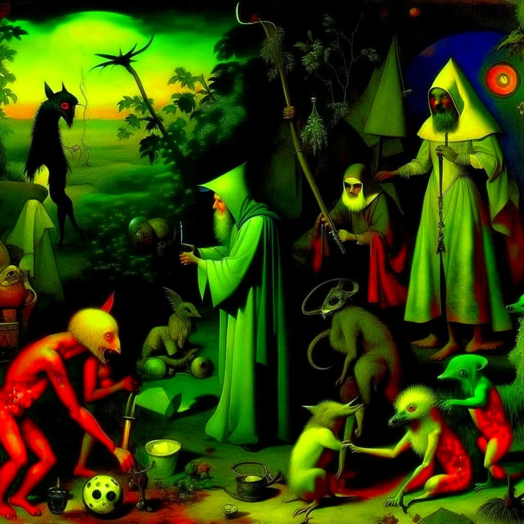 some mysterious figures, odd background, cinematic, Hieronymus Bosch, Max Ernst, vegetal life, rotten, ambient light, cry, ritual, animals