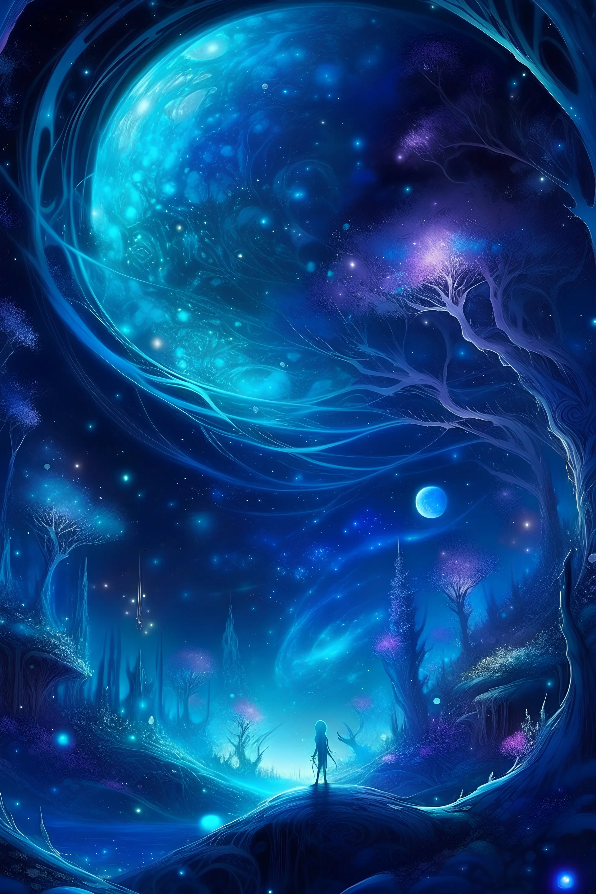 the world of magic A dense mystical haze covered everything from prying eyes. The full moon and the Milky Way are wrapped in it silver stars, a riot of azure + onyx + violet. bioluminescence. clear drawing of all the details. Fairytale. lumen. glitter, beauty, bright, glow from inside and along the contour,64k,digital art, mystic,fantasy,ultra high