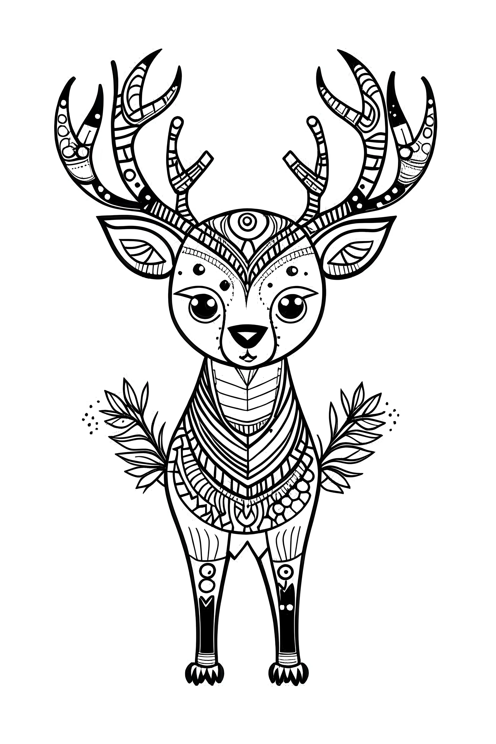 cute whimsical deer, centered flat minimalistic black and white, high contrast, outline art, coloring book style, all objects white