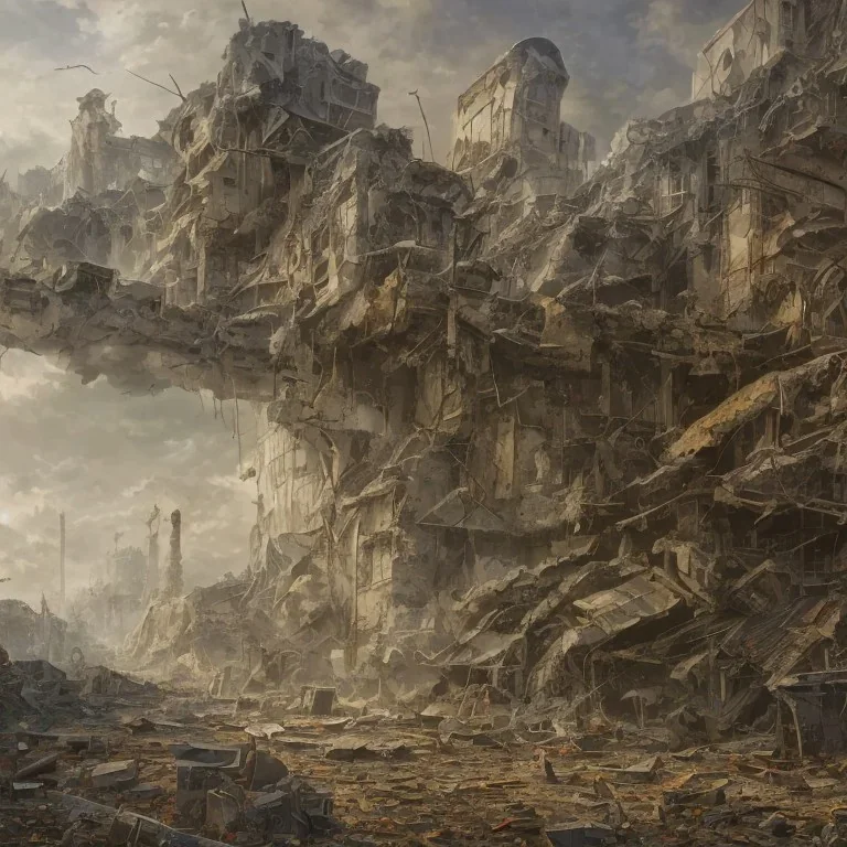 Oil painting of a destroyed city