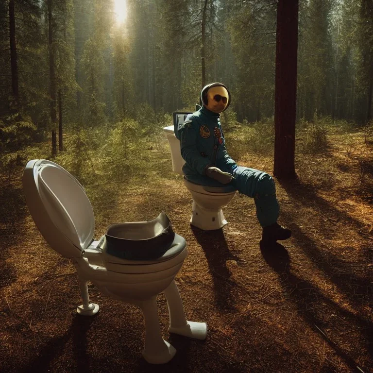 russian astronaut sits on a toilet seat in the middle of the forest. post-apocalyptic, hyperdetailed, lens flare, bokeh, low-key lighting, kodachrome