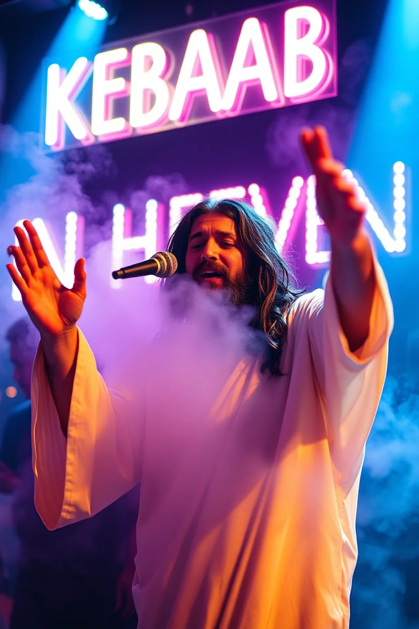 An "Kebab man" performing at dance club, his name is "Kebab man" and looks crazy, Jesus on stage, only White and light blue Neon lights and smog, "KEBAB IN HEAVEN" SIGN ON WALL