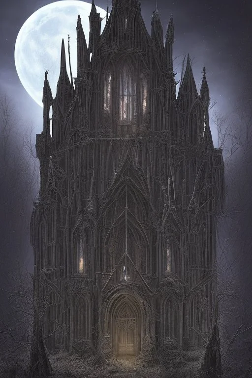 Gothic architecture dominates the scene. A moonlit sky casts an eerie glow upon a dilapidated church, its broken stained-glass windows reflecting supernatural horrors. Shadows writhe menacingly within the darkness, concealing grotesque demons with glowing eyes. The art style blends realism with macabre surrealism, employing a combination of dark, muted colors and stark contrasts to evoke a sense of terror. This portrayal immerses viewers in a bone-chilling encounter with the paranormal.