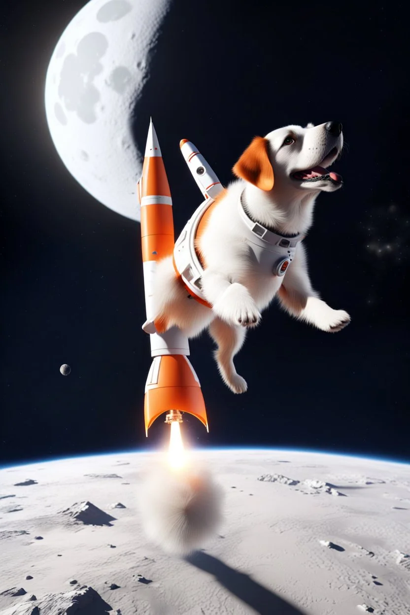 white and orange dog flies to the moon on top of the a rocket, writes, in space, realistic, 4k, Cinematic,