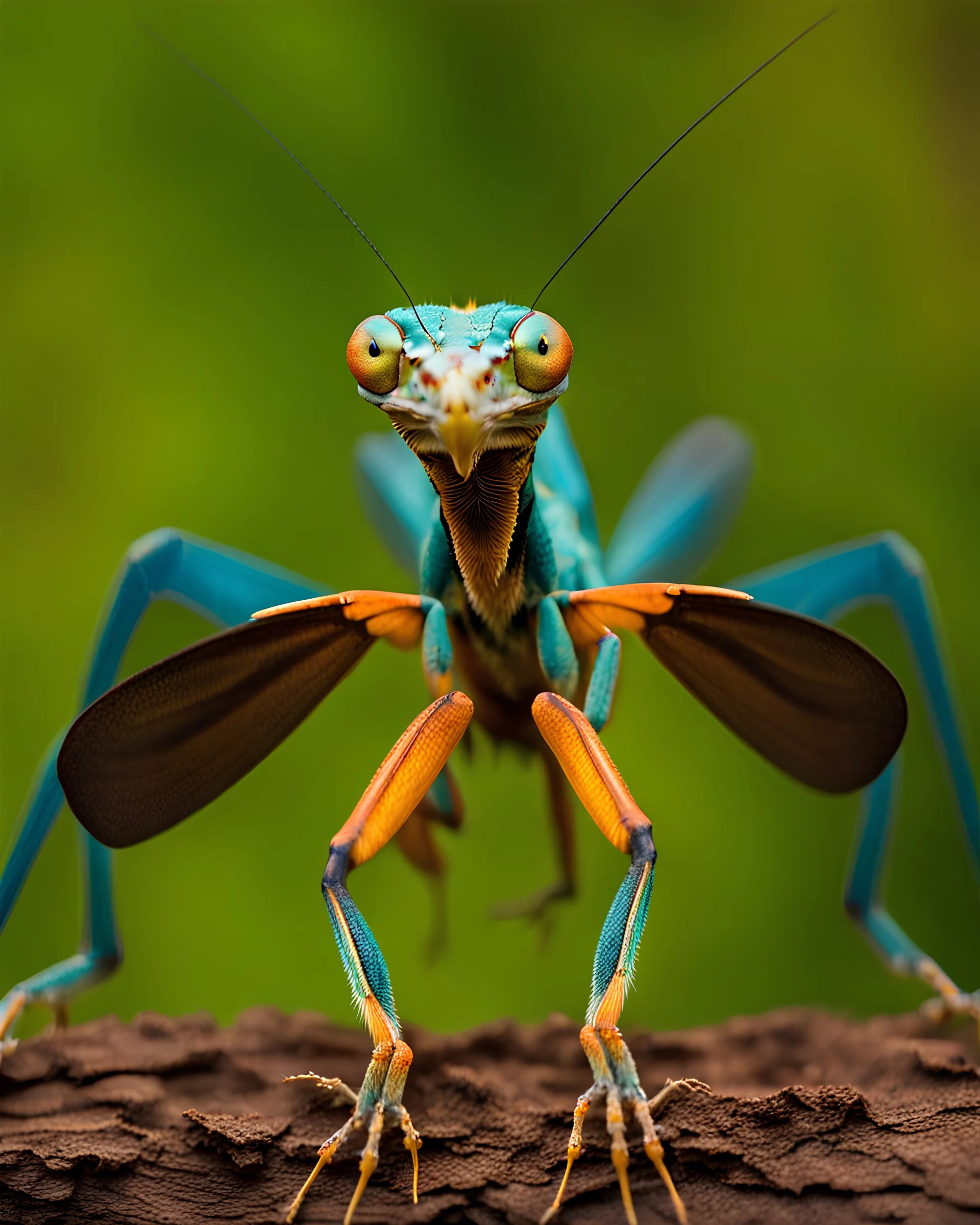 a national geographic style photograph of a eagle mantis lizard hybrid, in frame, large wings