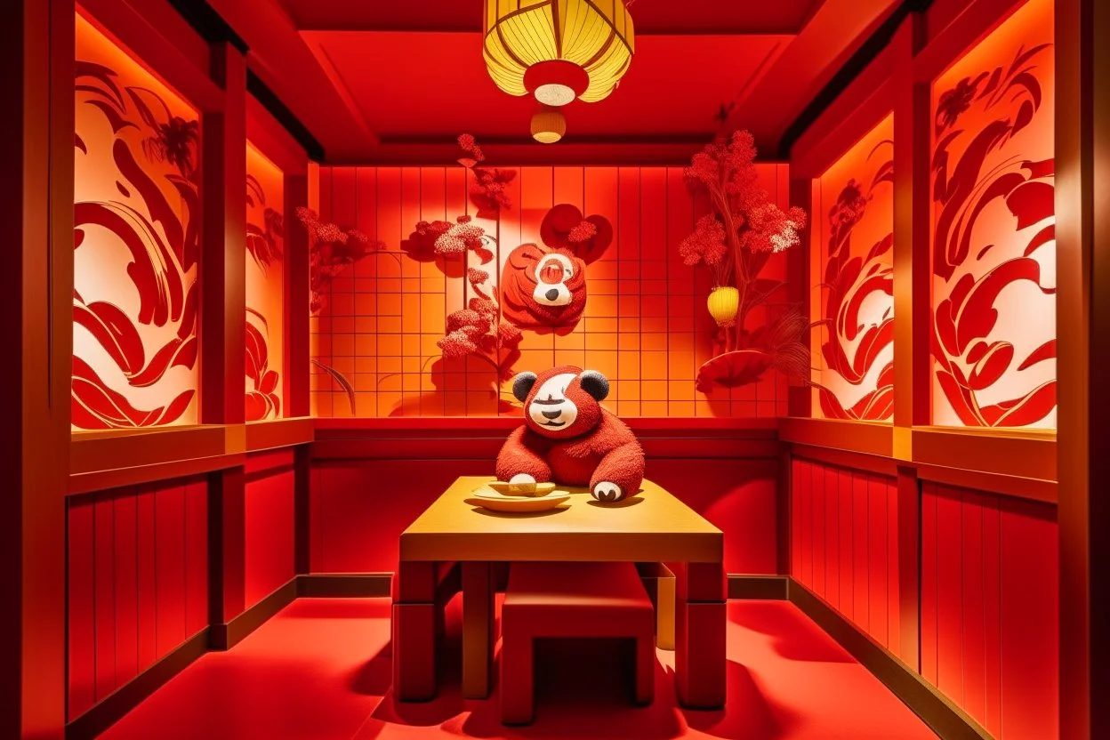 A dark orangish red Chinese fiery panda restaurant designed in Chinese paper art