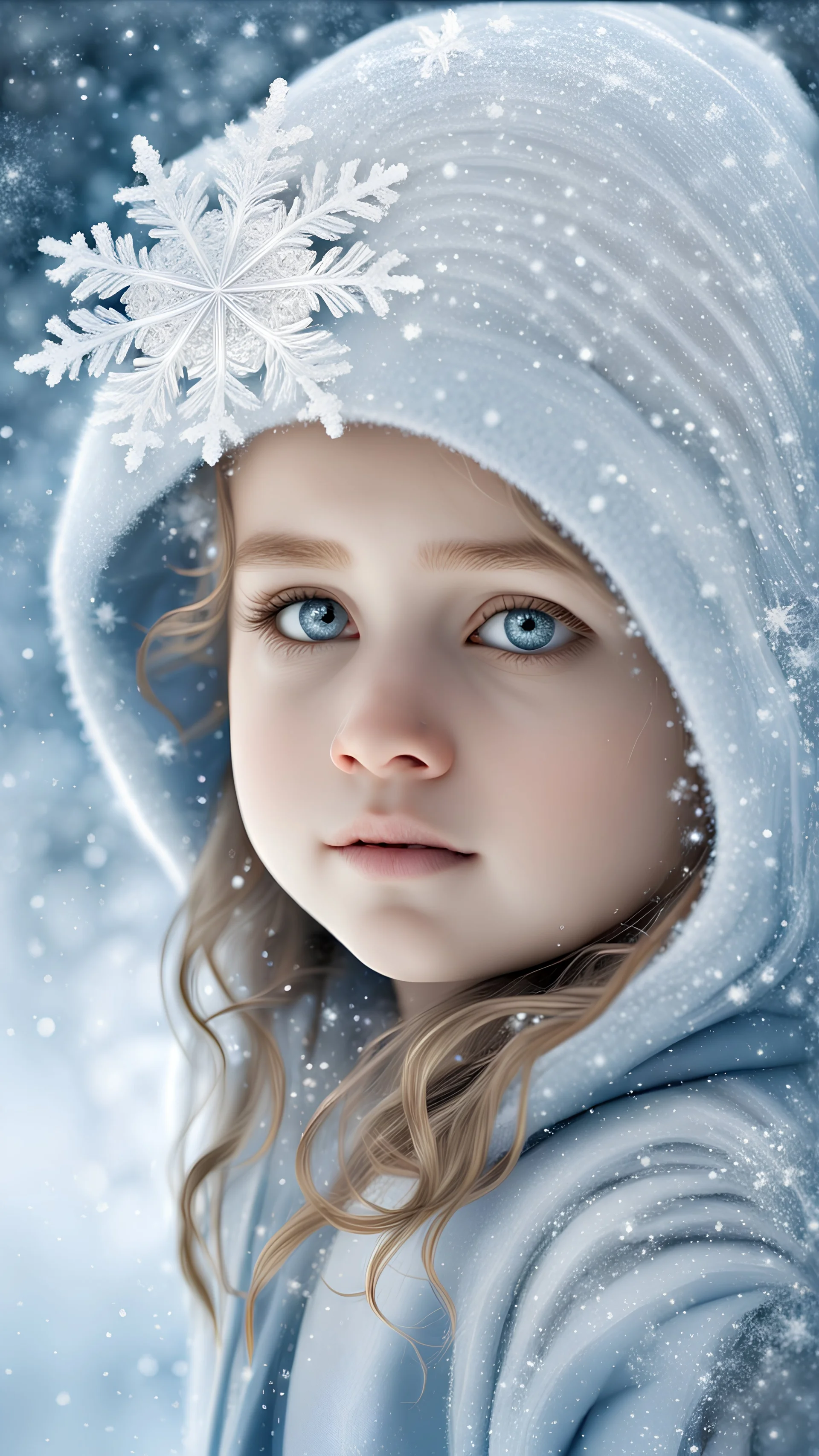 delicate snow hand drawing on the mirror Fibonacci number, fractal of frost, snowflakes and ice, depicts the face of a gorgeous child with very beautiful eyes, incredibly long eyelashes, long hair, fun, magical, festive, 8k, glitter @vint, high resolution, high detail, 30mm lens, 1/250s, f/2.8, ISO 100, triple exposure, hyper-realistic, hyper-detailed, three-dimensional drawing, vector graphics, 3D, masterpiece, drawing on the mirror with snow ink, frosty, icy floral patterns