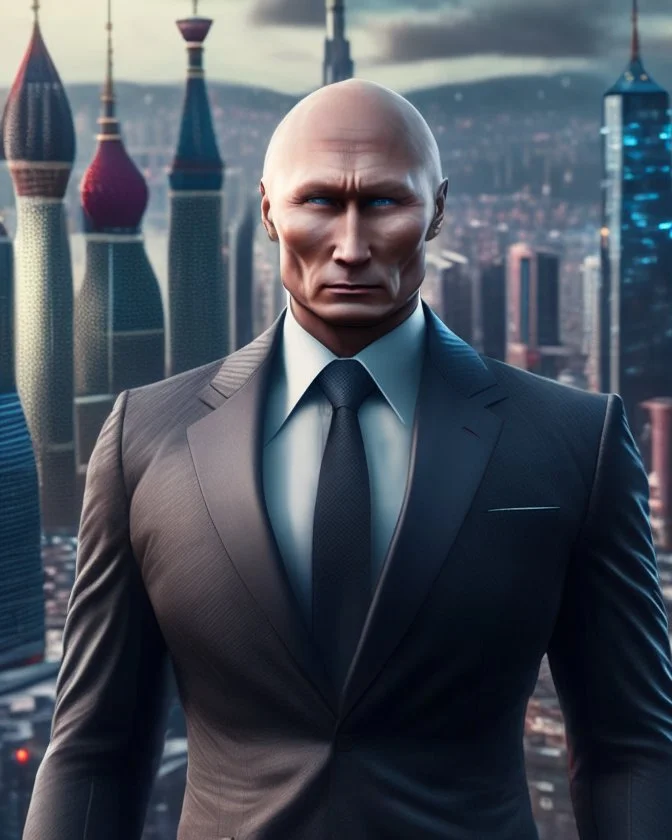 Anthropomorphic Putin in a suit full body ninja full head hyper-detailed city background 8k