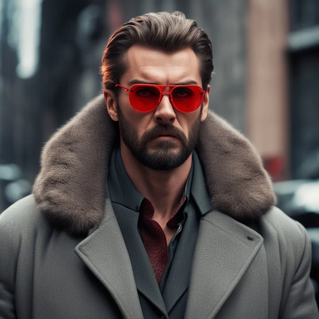 a young man with big muscles who looks like hans gruber wearing a heavy coat and red sunglasses staring with an angry look on his face