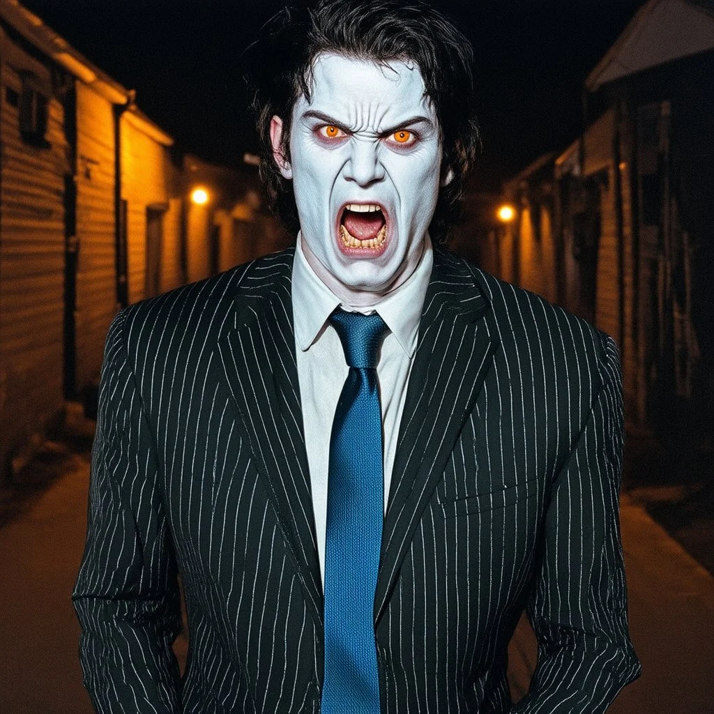 very grainy discolored 2000s photo, closeup portrait, dark night alley with no lights, grunge, extremely gaunt male with chalk-white skin wearing a striped suit with a blue tie, angry, imposing, fiery look in the eyes, bruja, biker