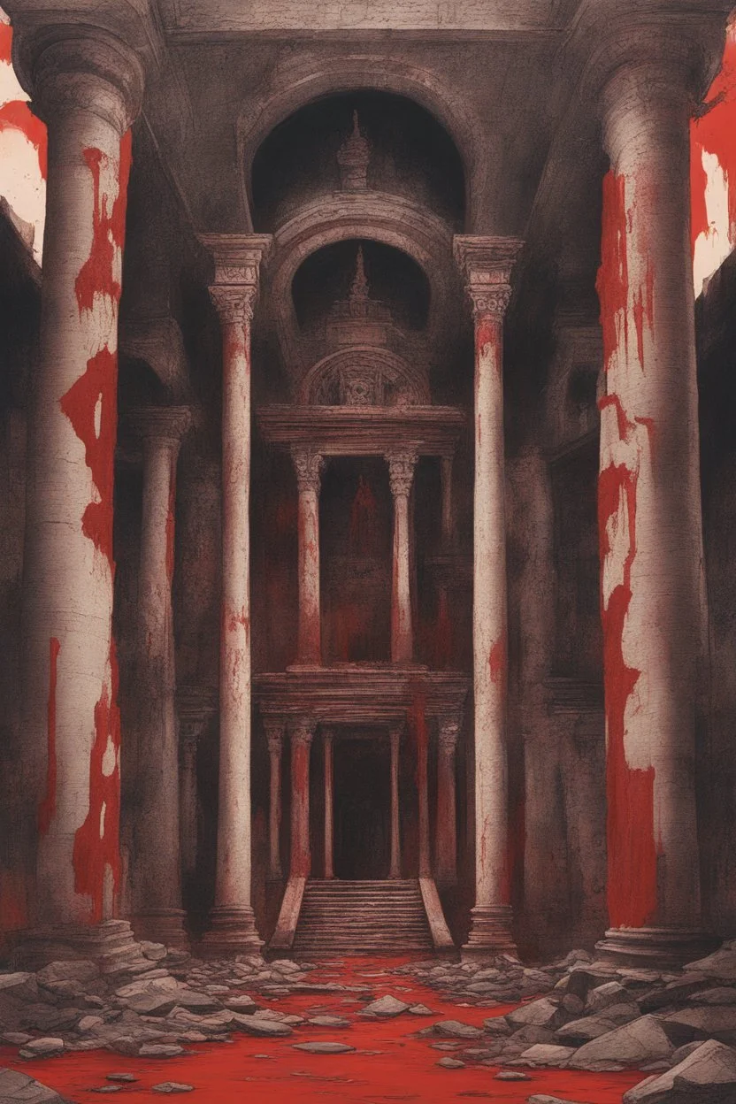 Broken temple with the floor covered in blood, detailed painting, red sky, bloody stone, creepy