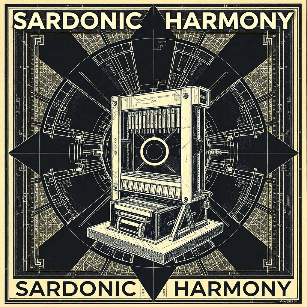 Album art by Peter Saville, technical blueprints for a guillotine, radiation symbol logo for "SARDONIC HARMONY", gnarly, awesome, trending