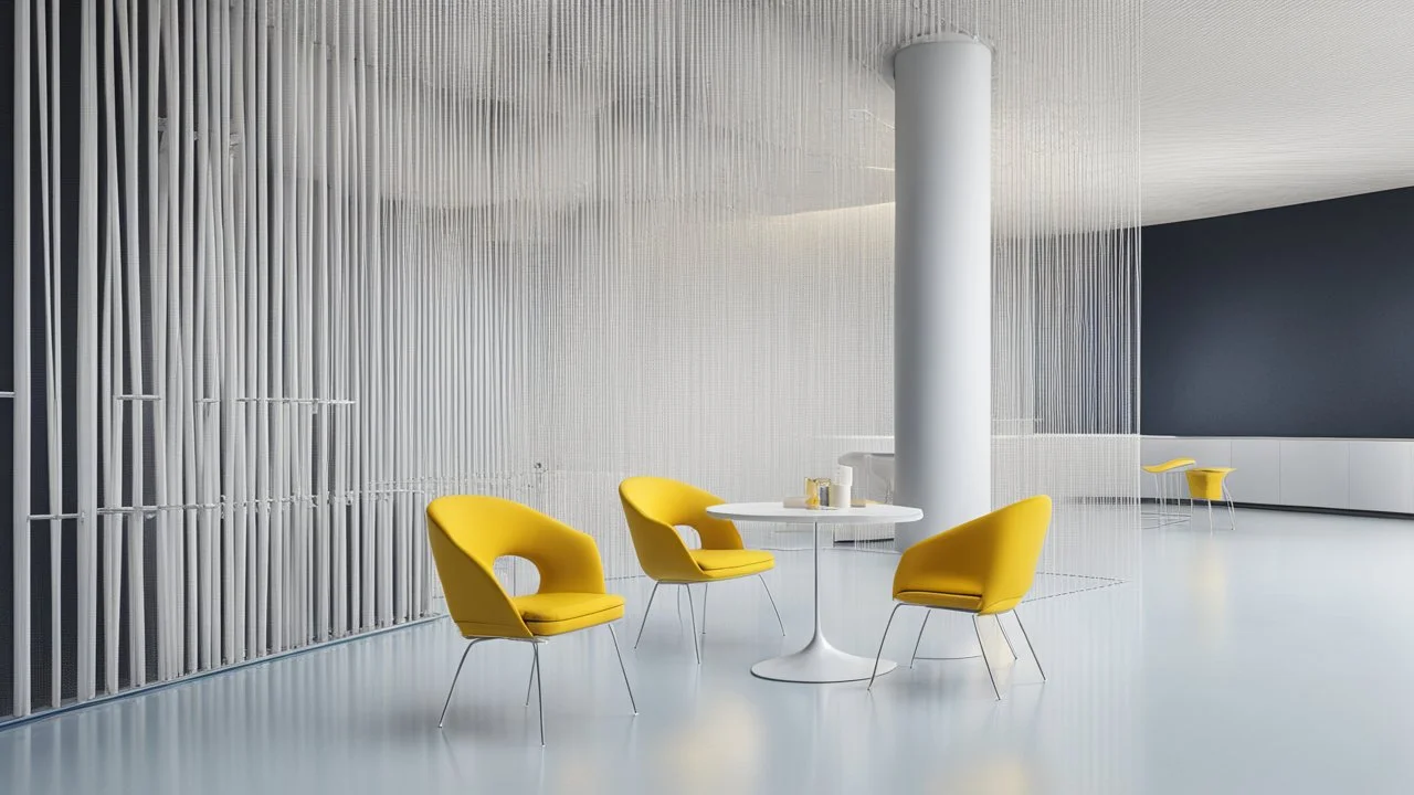 Futuristic interior space with sleek stainless steel mesh and white concrete inclined walls, blue floors, figure seated on vibrant yellow chairs