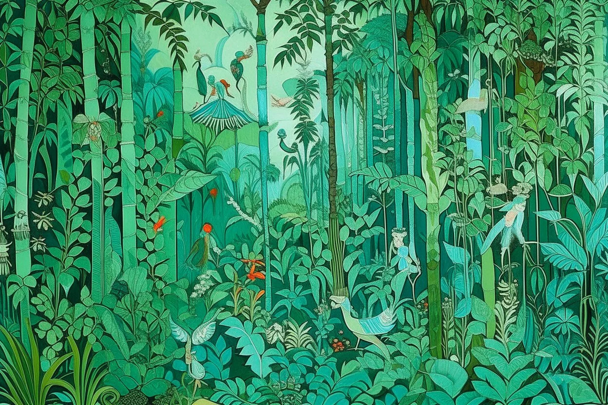 A mint colored jungle with pirate fairies designed in ancient Roman mosaics painted by the Limbourg brothers