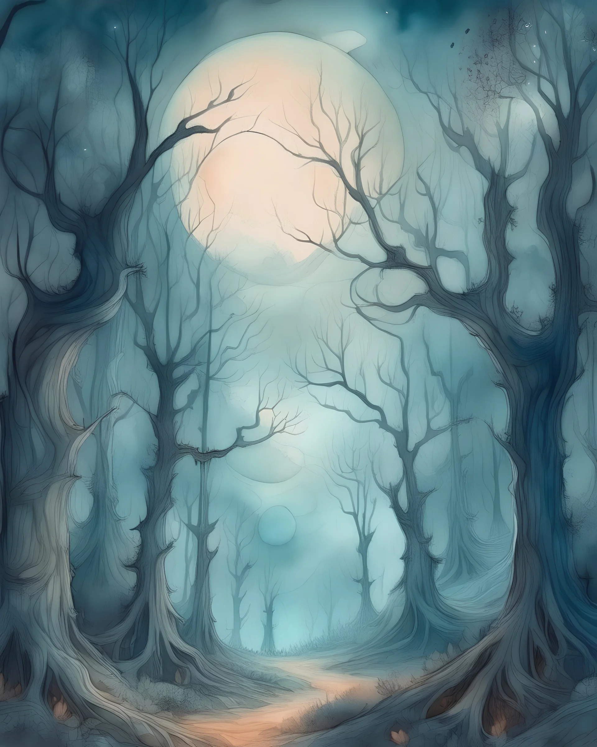 A mystical forest under the light of a full moon, towering ancient trees with gnarled branches, soft mist hanging in the air, a hidden path leading to a forgotten castle, Illustration, watercolor on textured paper