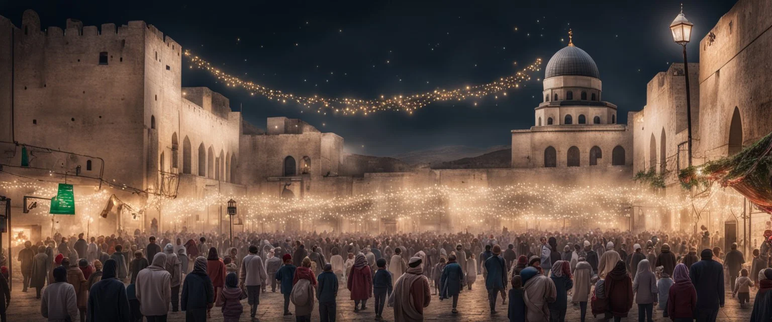 Hyper Realistic lots of people & children celebrating in the streets of Palestine with Al-Aqsa mosque from far at night with garland lights & decorations