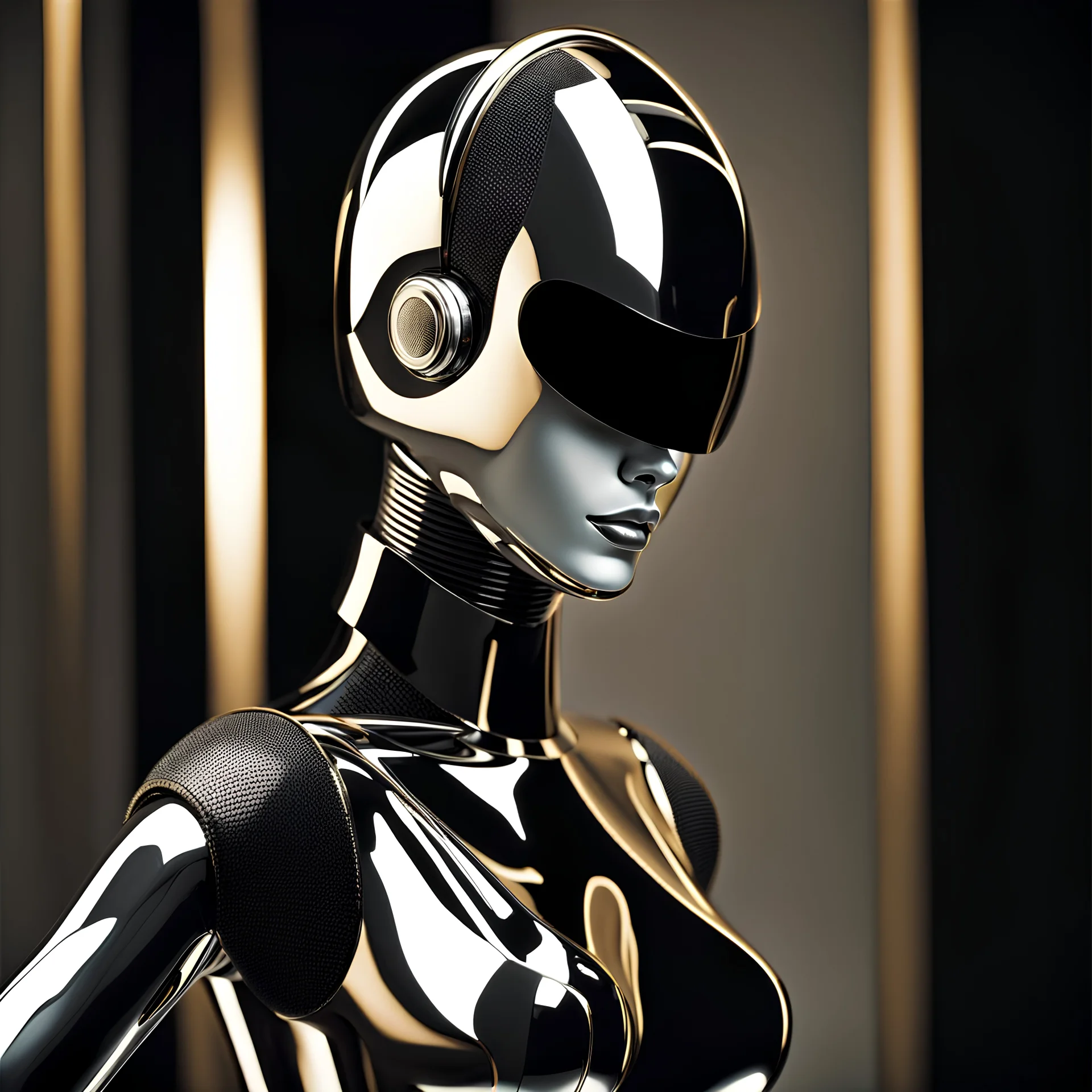 female humanoid robot, beautiful like a supermodel from the sixties, beautiful eyes, sexy, helmut newton