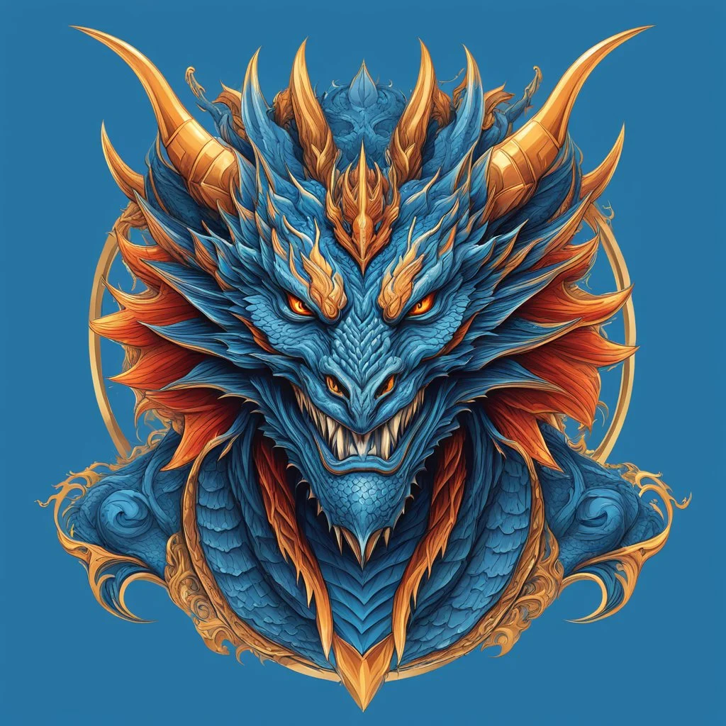 Logo vectorial del hombre dragón, vista frontal, calidad ultra, hiperdetallado, 8k, colores complementarios, cielo azul, arte lineal