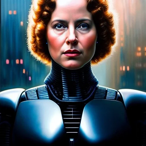 Ultra detailed fullbody Portrait in oil on canvas of Female Robocop,intense stare,extremely detailed digital painting, extremely detailed face,crystal clear Big eyes, mystical colors ,perfectly centered image, perfect composition, rim light, beautiful lighting,masterpiece,8k, stunning scene, raytracing, anatomically correct, in the style of robert e howard and Ken Kelley and Ohrai Noriyoshi and Simon Bisley and tomzj1