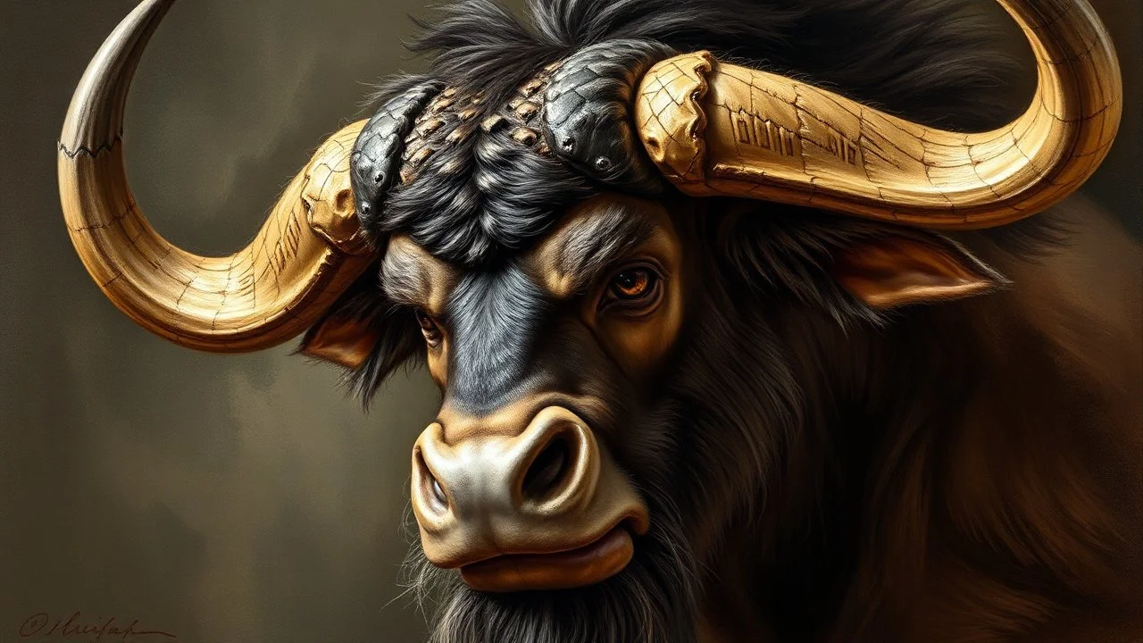 Highly detailed realistic illustration of a fierce minotaur, created by the masterful hands of John Singer Sargent and Edgar Degas, oil painting style, with intricate details on the horns and fur, intense lighting giving depth to the character's expression.