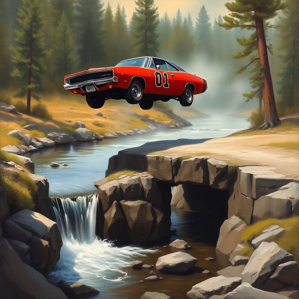 matte oil painting, dramatic angle of dukes of hazard's general lee - 1969 red dodge charger with "01" on side jumping over a small river from a downed bridge