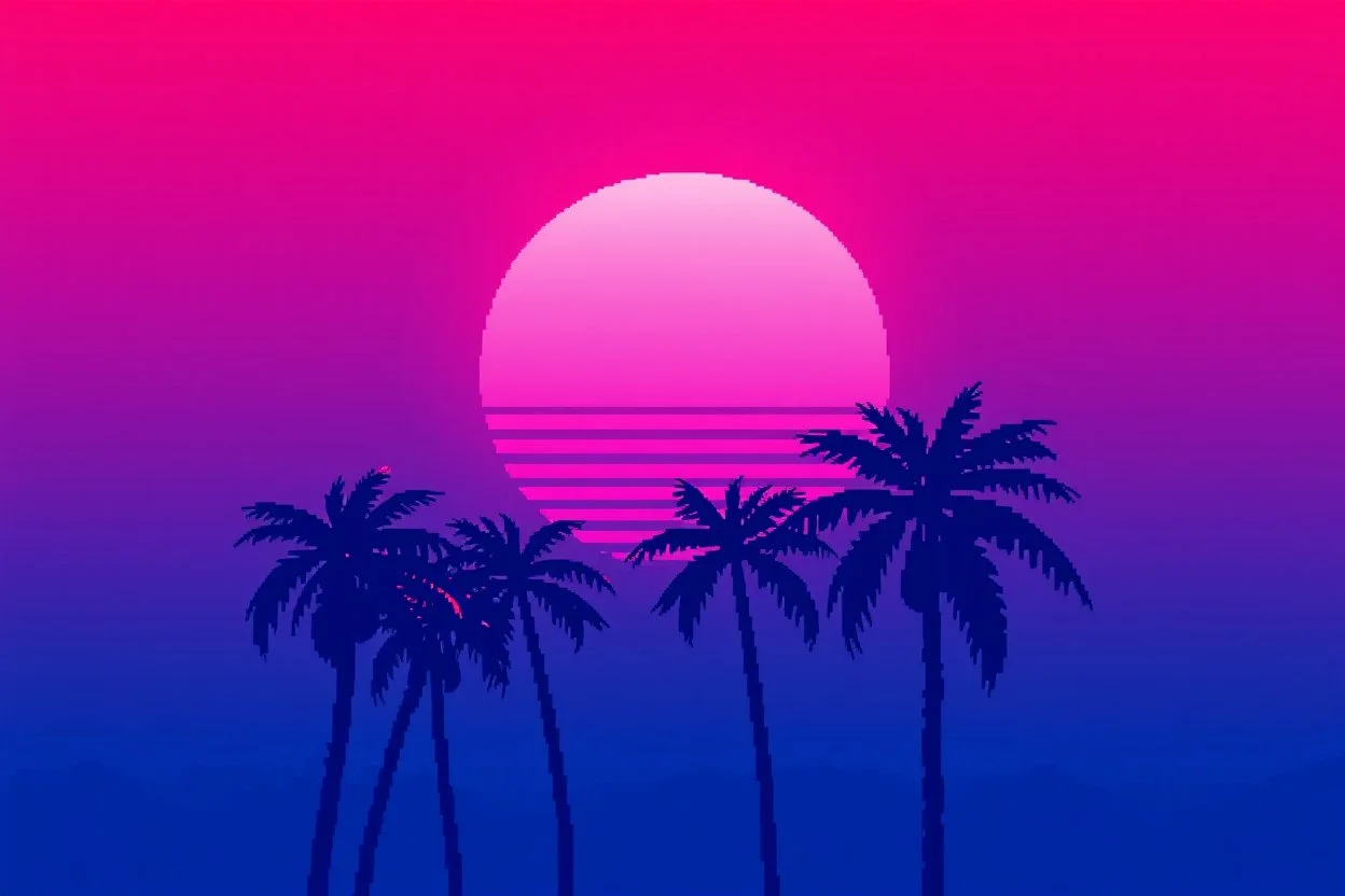 8 bit pixelart of synthwave sun, synthwave colores only, palmtrees synthwave, synthwave collored, vaporwave