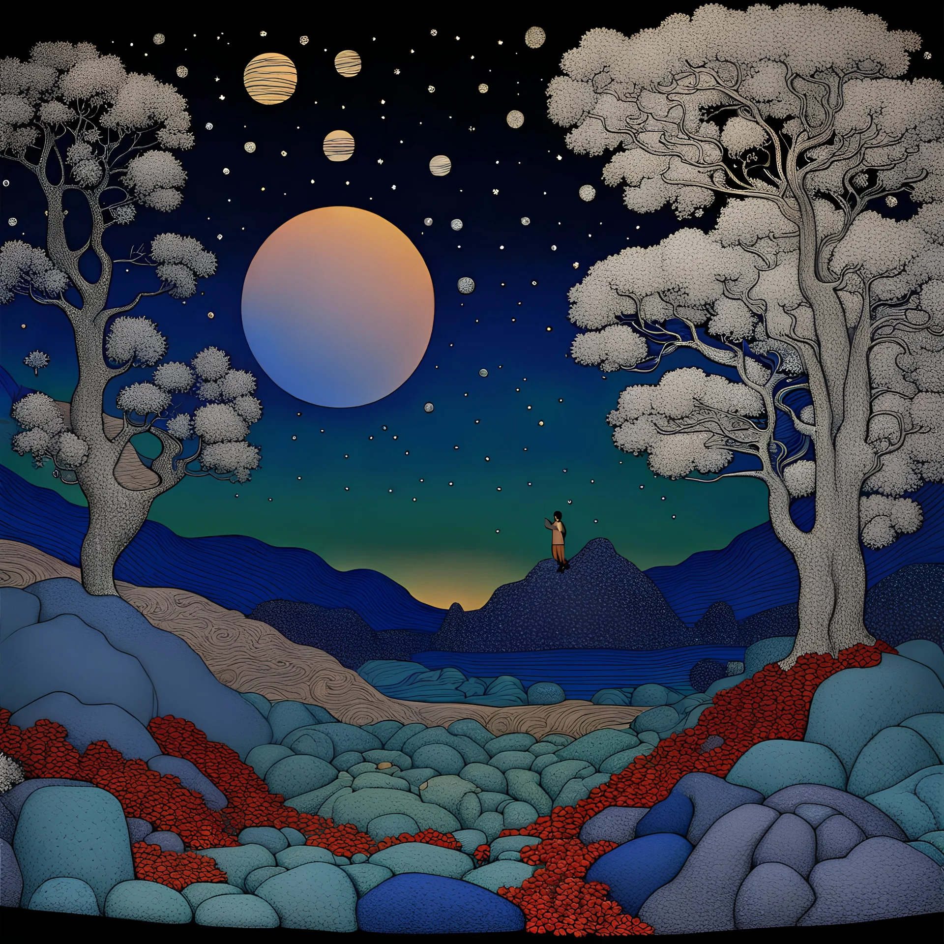 Peaceful, Max Ernst, night sky filled with galaxies and stars, rocks, animals trees, flowers, one-line drawing, sharp focus, 8k, 3d, intricate, rich colors