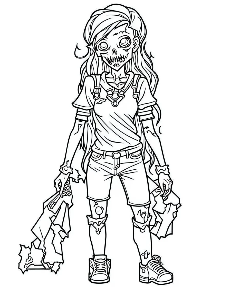 outline art for zombie girl coloring page, Japanese manga style, cartoon style, cute face, white background sketch style, full body is a must, only use outline, clean line art, no shadow, bold outline