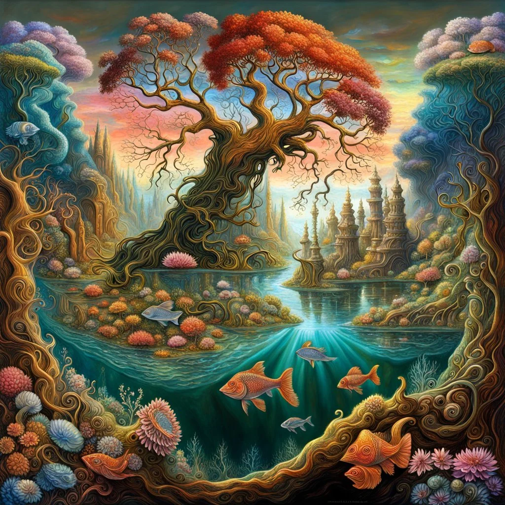 Imaginary landscape trees. . And he sells. Meh. lake.Underwater ornamental fish perfect anatomy, fantasy, vibrant digital art professional award winning masterpiece, oil on canvas Atmospheric extremely detailed Josephine Wall