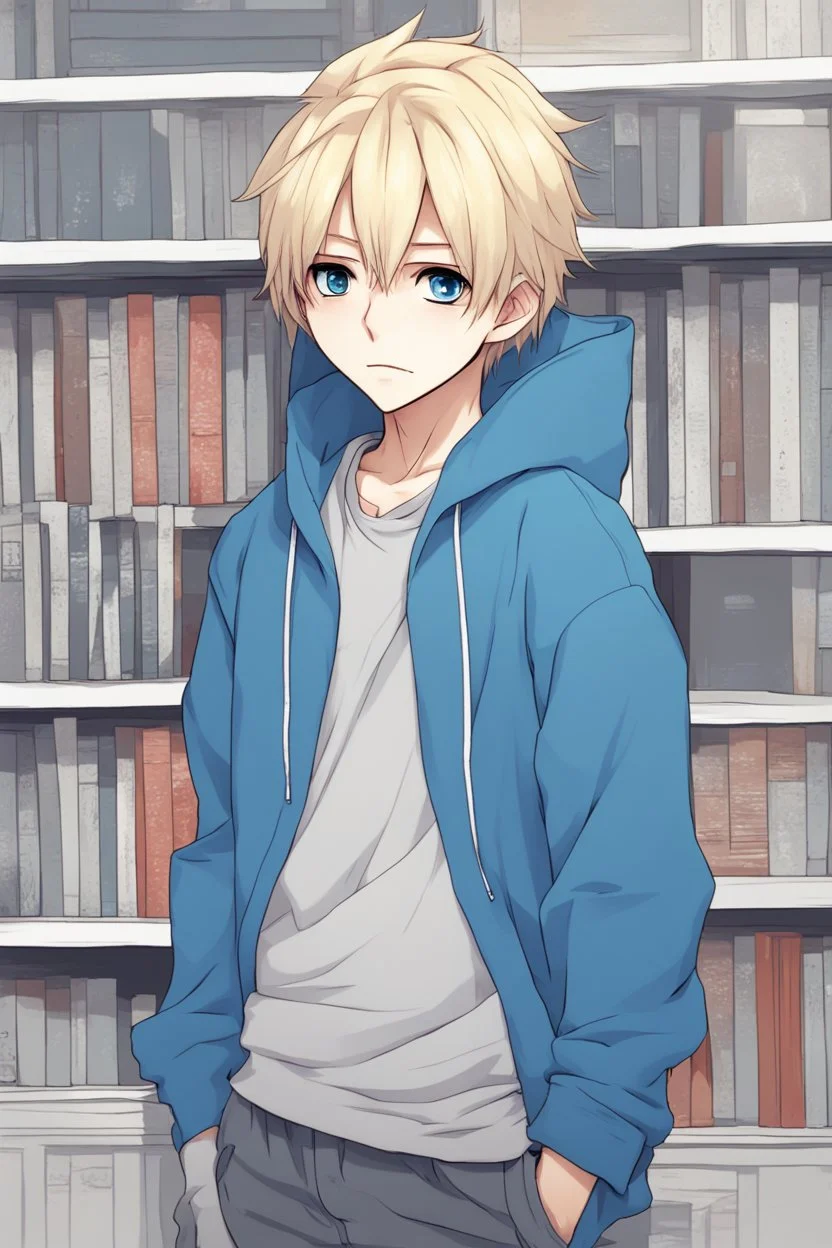 Blonde anime Otaku boy in a blue hoodie