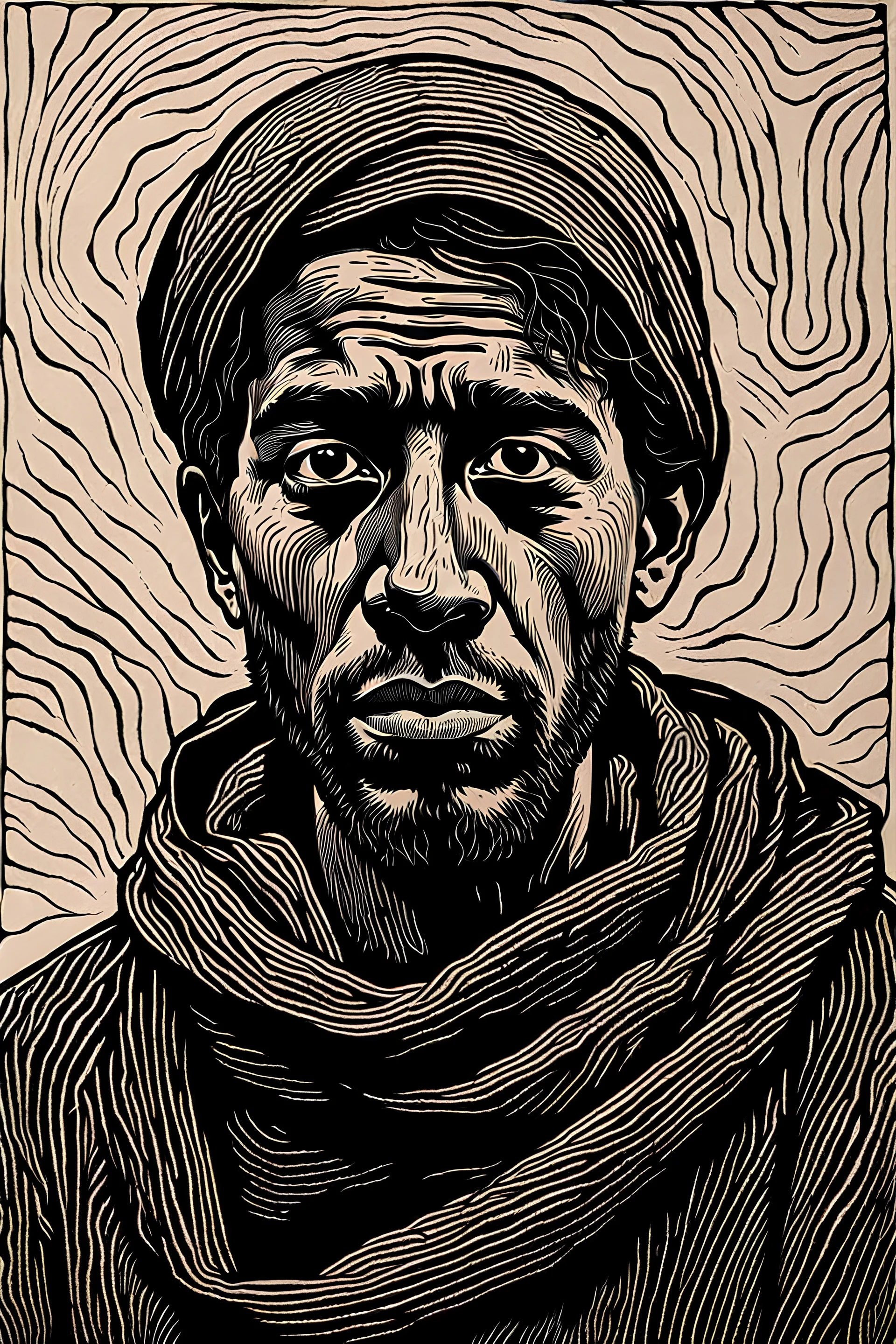 create a deeply powerful tragic, heart wrenching, and evocative, full body woodcut of a raw and weathered young Muslim refugee man with highly detailed and deeply cut facial features, lost in a horrific post apocalyptic Gaza, in the style of KATHE KOLLWITZ , searing lines and forceful strokes