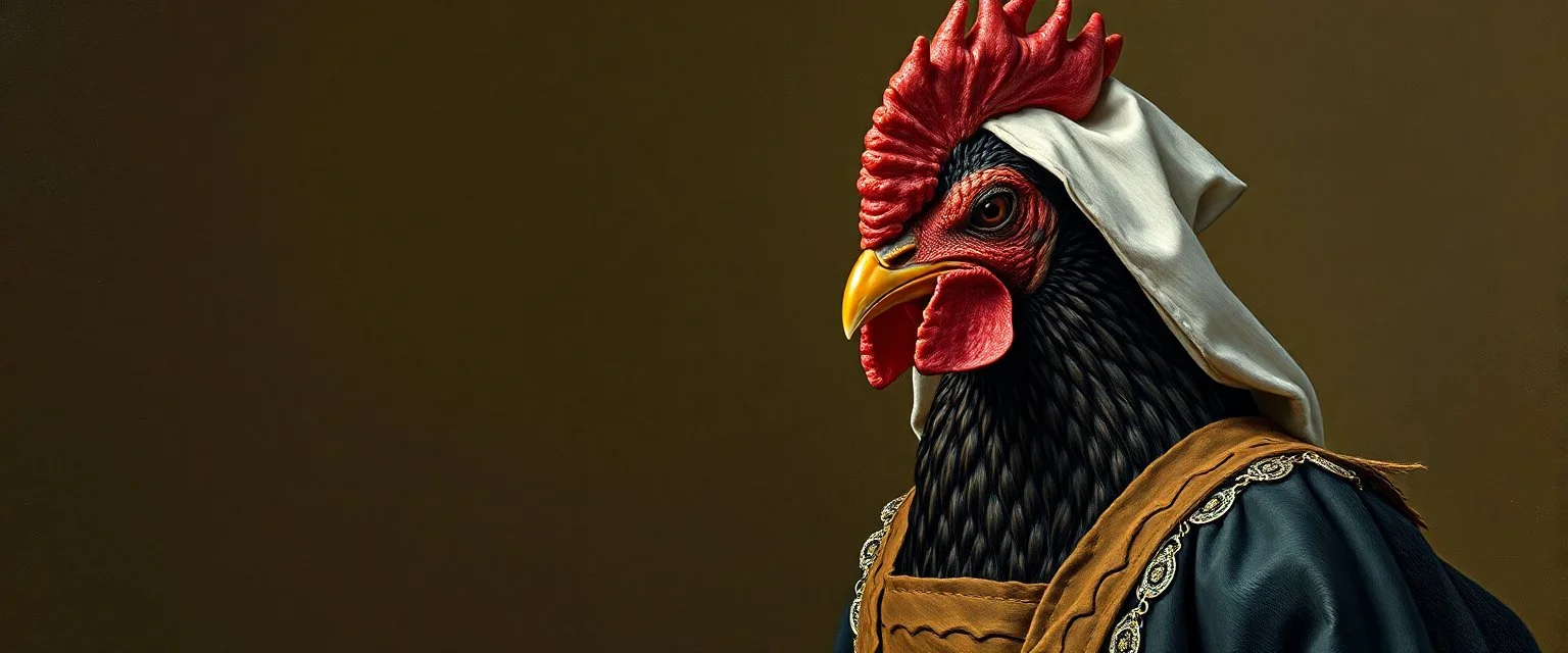 amish space alien hen dressed in amish outfit, painted by Rembrandt, Escher and Giger