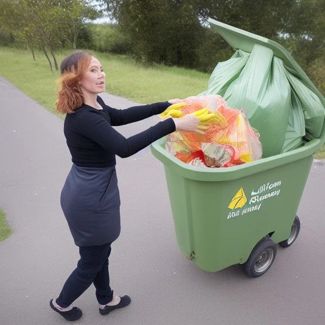 a lifelike picture of a women taking the rubbish out