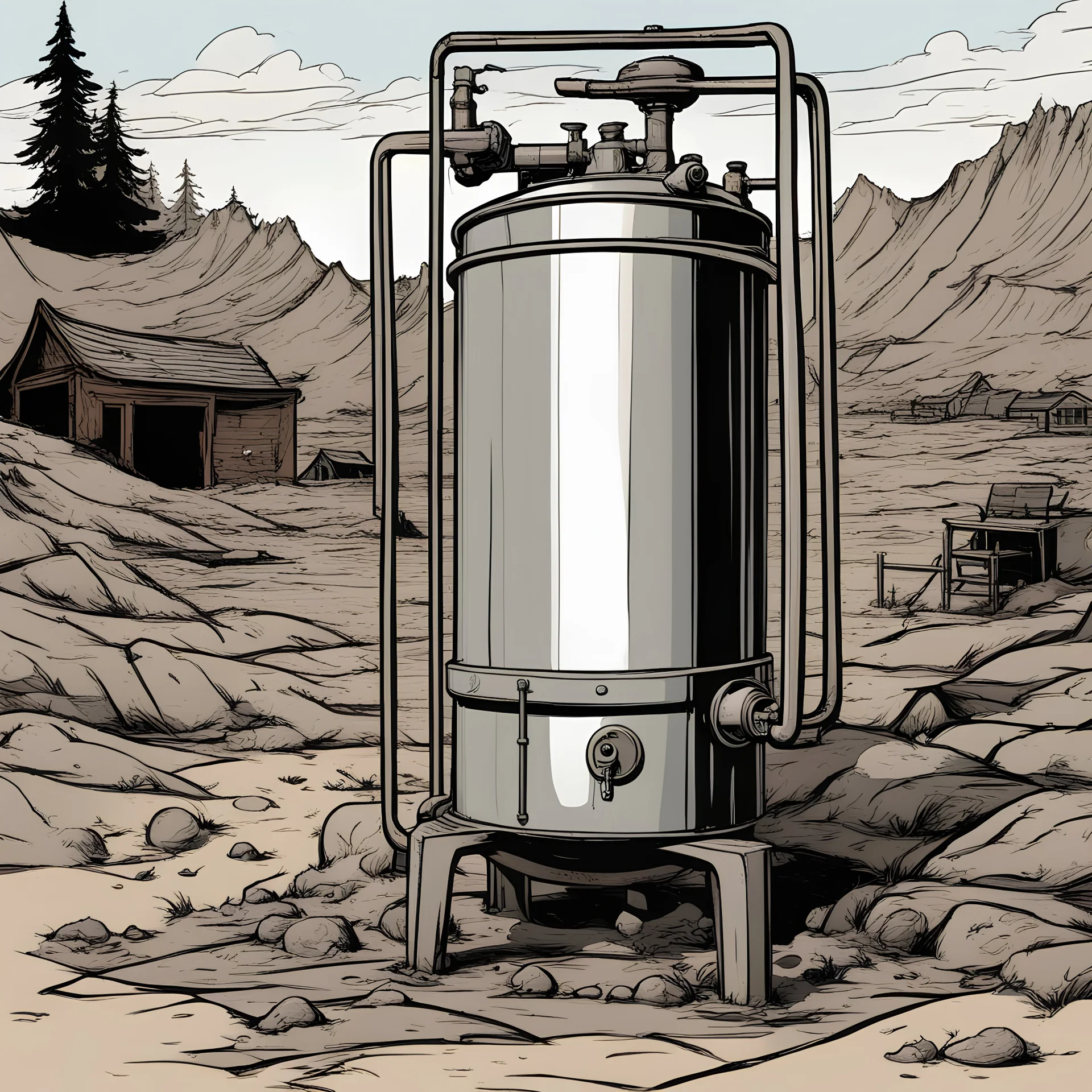 hot water tank, bared land, post-apocalypse, front view, comic book, cartoon,,