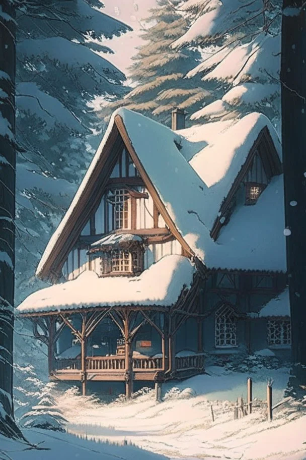 studio ghibli, a house, snow, woods,