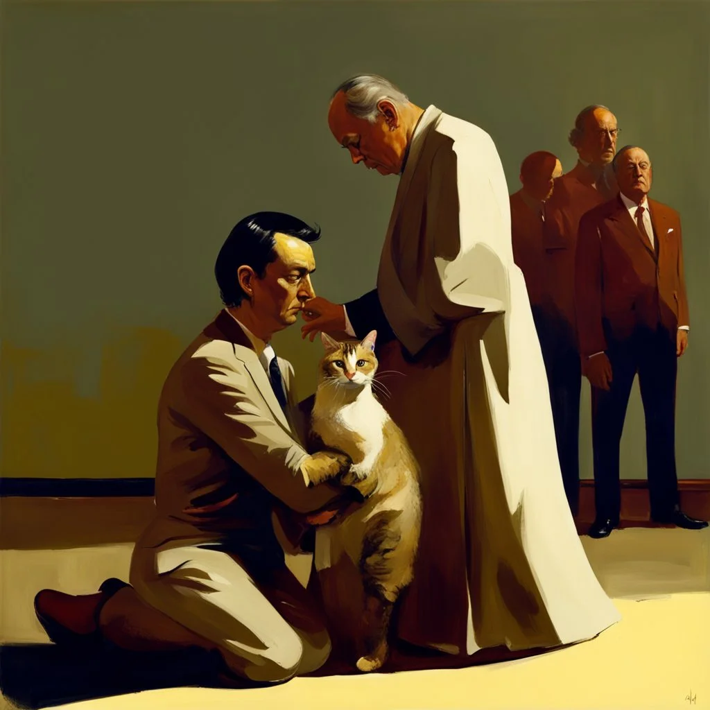 UN conference,a cat and human flesh-like surgical instruments and universe-like a pigeon and neuralink, surrealism,minimalism,Painting By Adrian Ghenie, Rene Magritte, Salvador Dali, Lucian Freud