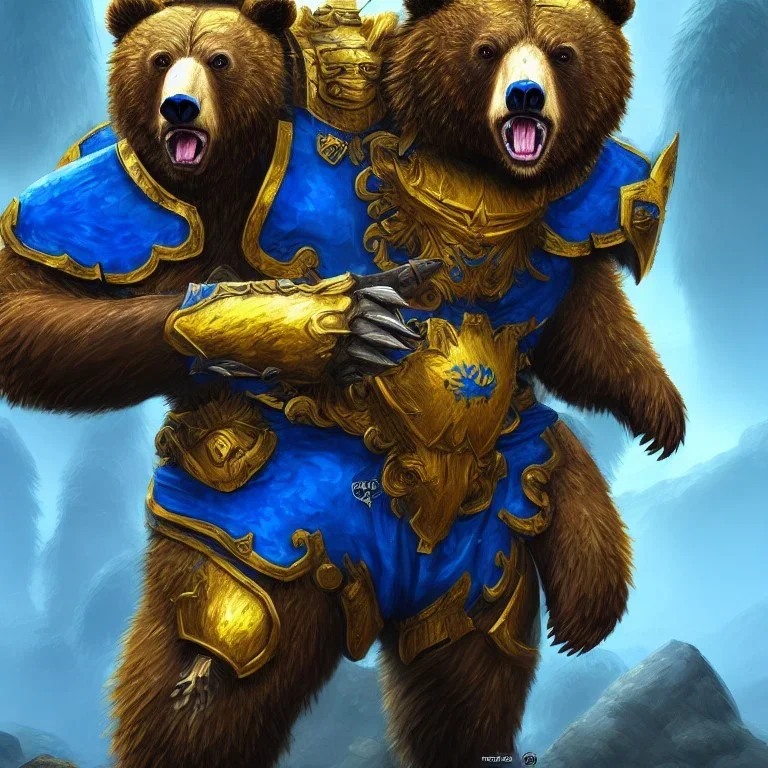 An angry bear warrior in blue and gold armor, background of Inka jungle, high detail, smooth, realistic, digital illustration, Artstation, artgerm,