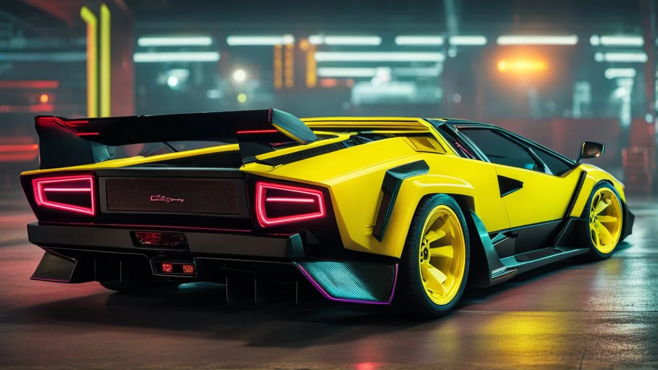 lamborghini countach lpi 800-4 Mansory Cyberpunk 2077 neon Style Rear View, Super Detailed, desktop wallpaper, 4K