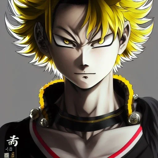 Detailed anime portrait of tangsan from my hero academia, gold hair and golden eyes, black suit, intricate details, full body portrait, keep head in frame, slight smile, black Japanese motif, concept art, highly detailed, digital painting, concept art, sharp focus, illustration, art by Yoji Shinkawa, WLOP and greg rutkowski and alphonse mucha and artgerm and yanjun Chen and Junji ito and Makoto Shinkai, HDR, octane render