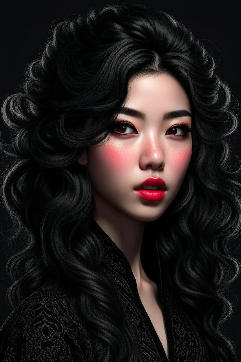 portrait of a fantasy asian goth woman with wavy black hair, fantasy style, realistic style, highly intrictae details, high quality, 8k